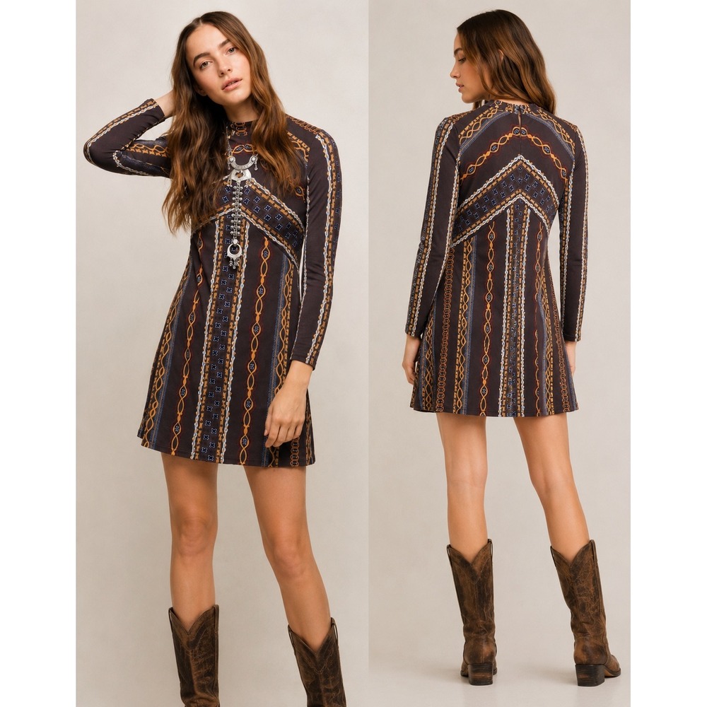 Free People Bloom Geometric Chevron Print Long Sleeve Mock Neck‎ Mini Dress S